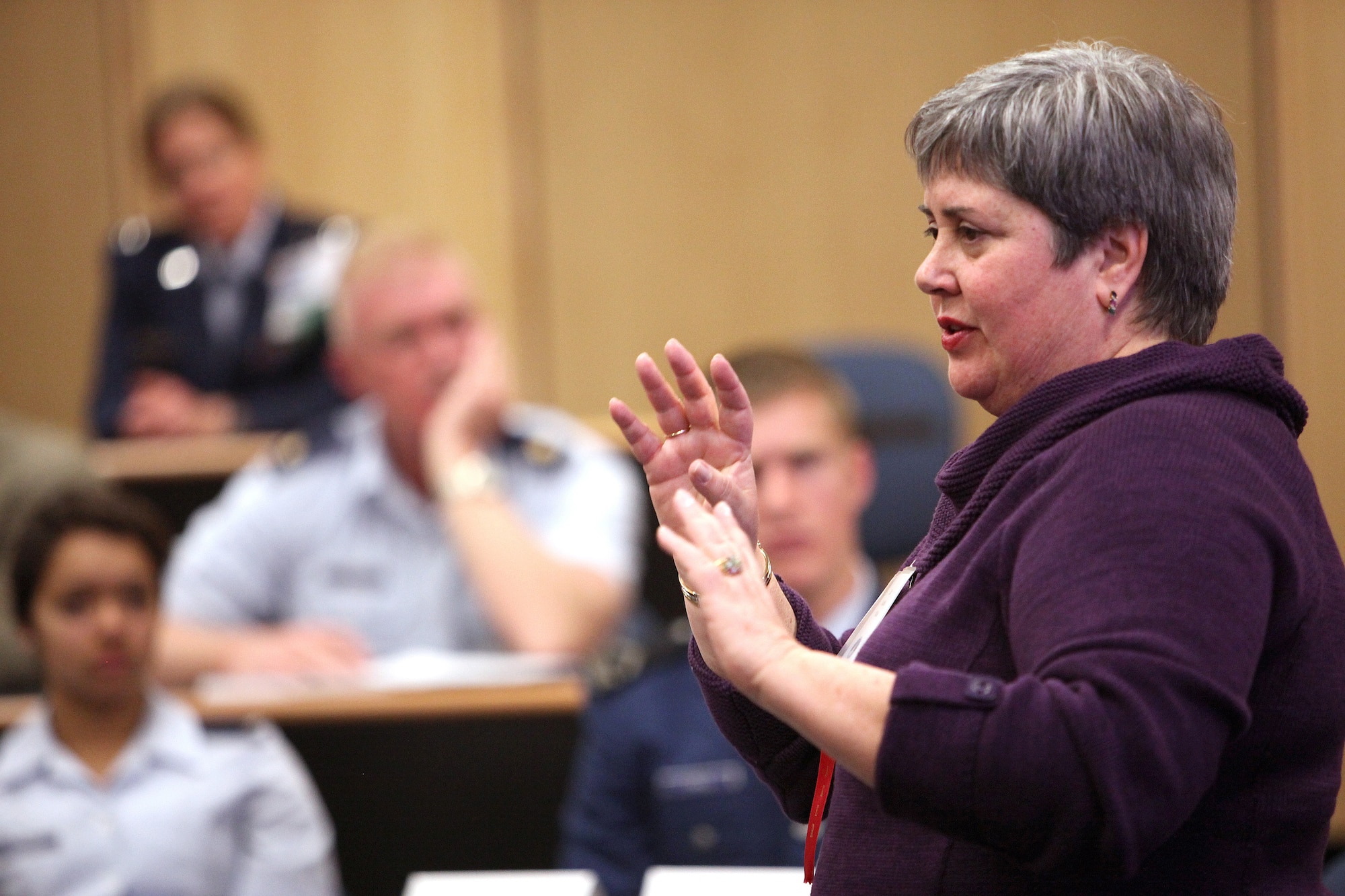 Dr. Adis Vila speaks about the challenges that inspired her to succeed and strengthened her character during a discussion at the Air Force Academy's National Character and Leadership Symposium Feb. 24, 2011. Dr. Vila, the Academy's chief diversity officer, is a native of Cuba and a White House Fellow. (U.S. Air Force photo/Robin Cresswell)