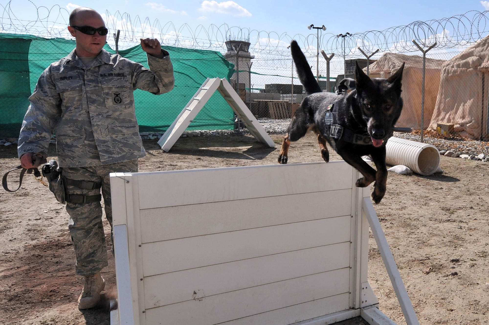 Staff Sgt. Brett Hurley commands his military working dog Rex to jumps over an obstacle course at Bagram Airfield, Afghanistan, Feb. 25, 2011. Military working dogs continuously train even in a deployed location. Sergeant Hurley and Rex are assigned to the 455th Expeditionary Security Forces Squadron here. (Air Force photo by Senior Airman Sheila deVera)