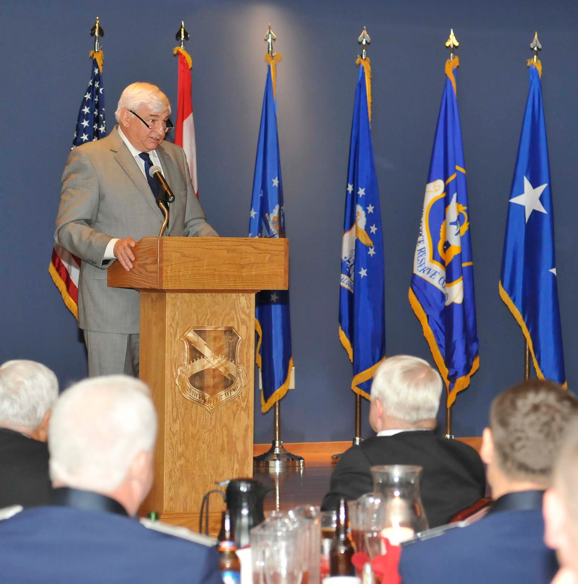 Former Florida Congressman Allen Boyd speaks during the Continental U.S. NORAD Region-1st Air Force (Air Forces Northern) annual awards banquet Feb. 24. The event, which was held at the Horizons Community Center at Tyndall Air Force Base, Fla., honored the annual award winners from 1st AF and its aligned units. (U.S. Air Force photo by Lisa Norman)