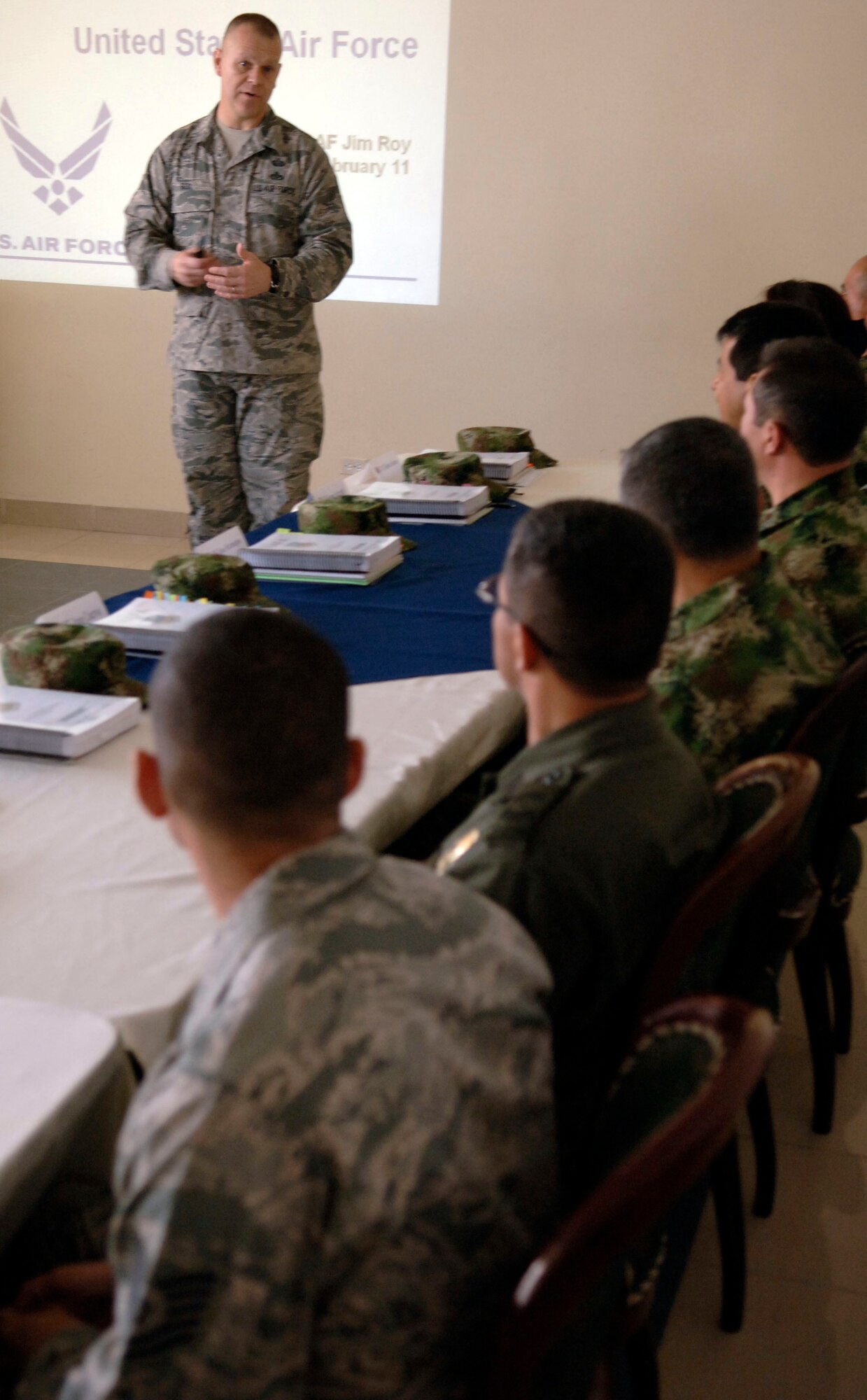 BOGOTA, Colombia -- Chief Master Sgt. of the Air Force James Roy discusses the duties of noncommissioned officers with students of the International NCO Academy Feb. 2. The INCOA is a combined professional military education course. Chief Roy's visit focused on strengthening relationships between U.S. and Columbian Airmen. (U.S. Air Force photo/Tech. Sgt. Eric Petosky)