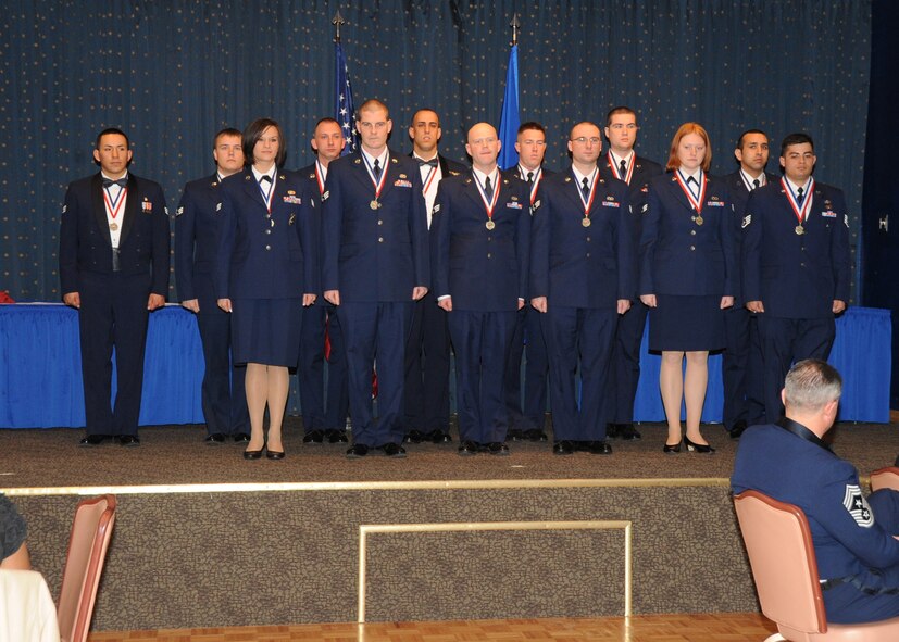 A ceremony congratulating 13 Airmen who graduated from the Kirtland Airman Leadership School was Feb. 9 at the Mountain View Club. The Academic Award winner was Senior. Airman Bryan C. Newtion, 58th Aircraft Maintenance Squadron. The Commandant Award winner was Staff Sgt. Nathaniel E. Elman, 71st Special Operations Squadron. The Levitow Award winner was Staff Sgt. Timothy M. Trantham, 71 SOS. Col. Robert L. Maness, 377th Air Base Wing commander, hosted the event.