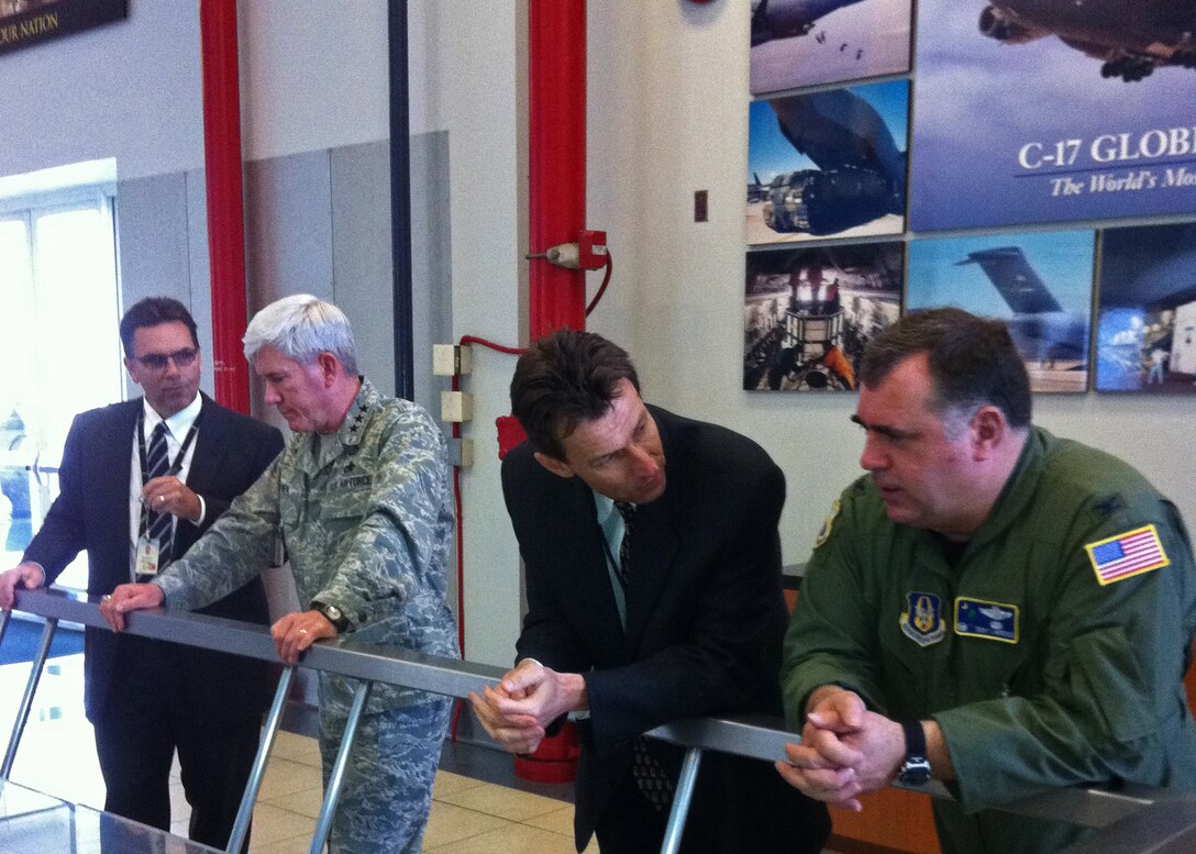 Lt. Gen. Thomas Owen, commander Air Force Aeronautical Systems Center and Col. Terry Lawrence, 315th Operations Group Commander, are briefed at Boing's C-17 plant in Long Beach. The general and colonel are delivering the latest C-17 to Joint Base Charleston Fab. 25, 2011. (U.S. Air Force Photo/Lt. Col. Bill Walsh)