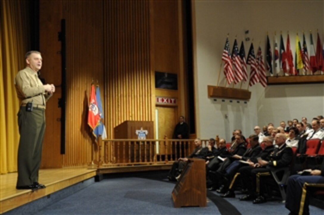 Vice Chairman of the Joint Chiefs of Staff Gen. James Cartwright addresses a crowd of more than 300 students in the Defense Enterprise Management Course at the Army War College in Carlisle Barracks, Pa., on Feb. 25, 2011.  Cartwright spoke on a variety of subjects ranging from future planning to resource categories to budget.  