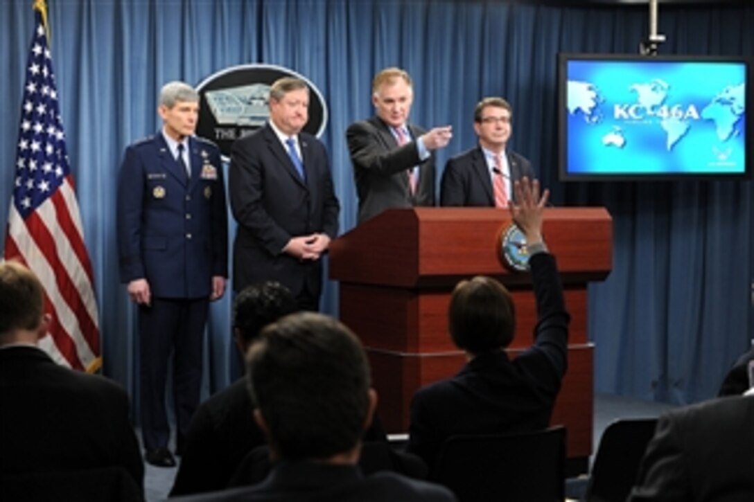Air Force Chief of Staff Gen. Norton A. Schwartz (left), Secretary of the Air Force Michael B. Donley, Deputy Secretary of Defense William J. Lynn III and Under Secretary of Defense for Acquisition, Technology & Logistics Ashton B. Carter (right) speak with members of the press about the KC-X contract announcement in the Pentagon on Feb. 24, 2011.  