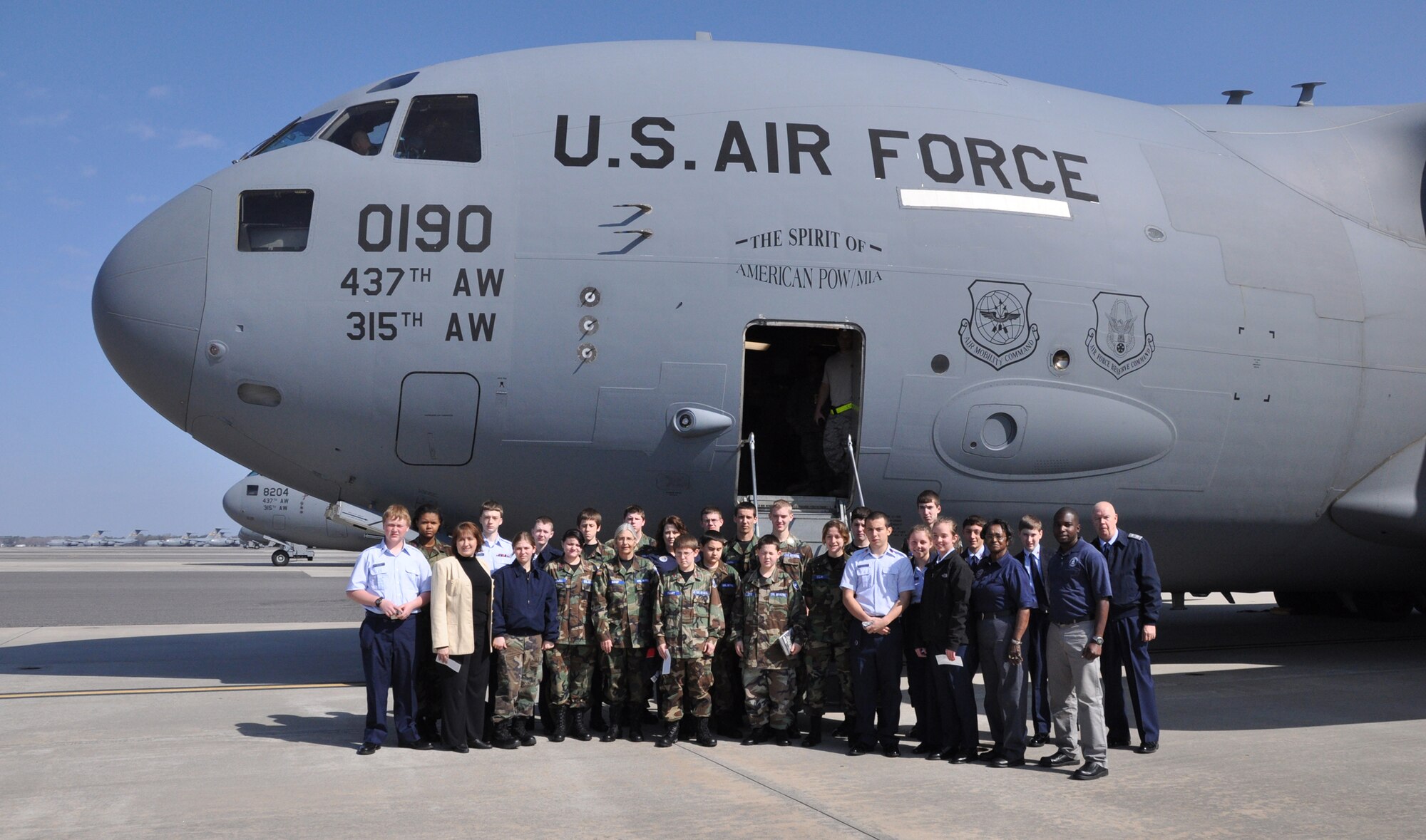 Cadets and leadership from the South Carolina Civil Air Patrol pose in front of a C17 Globemaster III aricraft at Joint Base Charleston, S.C. prior to boarding for an orientation flight with the 315th Airlift Wing here Feb. 26, 2011. (U.S. Air Force Photo/Senior Airman Robert Pilch)