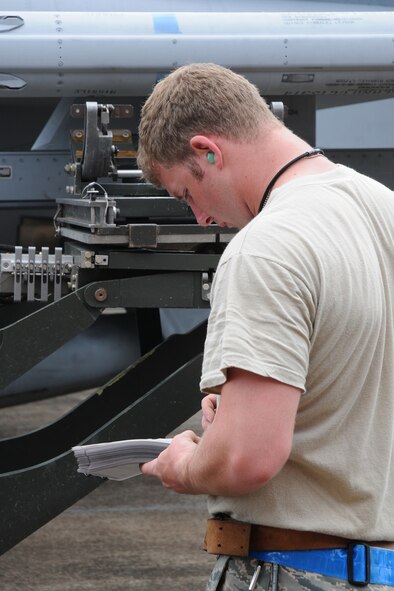 Staff Sgt. Seth Kelly, from the 132nd Fighter Wing (132FW), Des Moines, Iowa weapons shop, reviews his download checklist in preparation to download a missile from an F-16 aircraft on the flight line of the Williamtown Royal Australian Air Force (RAAF) Base, Australia on February 25, 2011.  The 132FW and RAAF are currently engaged in Dissimilar Air Combat Training mission, "Sentry Down Under".  (US Air Force photo/Staff Sgt. Linda E. Kephart)(Released)  
