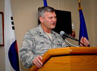 KUNSAN AIR BASE, Republic of Korea -- The Air Force Deputy Chief of Chaplains, Brig. Gen. David Cyr, addresses those in attendance at this year’s National Prayer Luncheon held at the Loring Club here Feb. 23 from 11:30 a.m. to 1 p.m. The luncheon gave individuals from all different faiths an opportunity to come together in prayer. (U.S. Air Force photo/Senior Airman Benjamin Stratton)