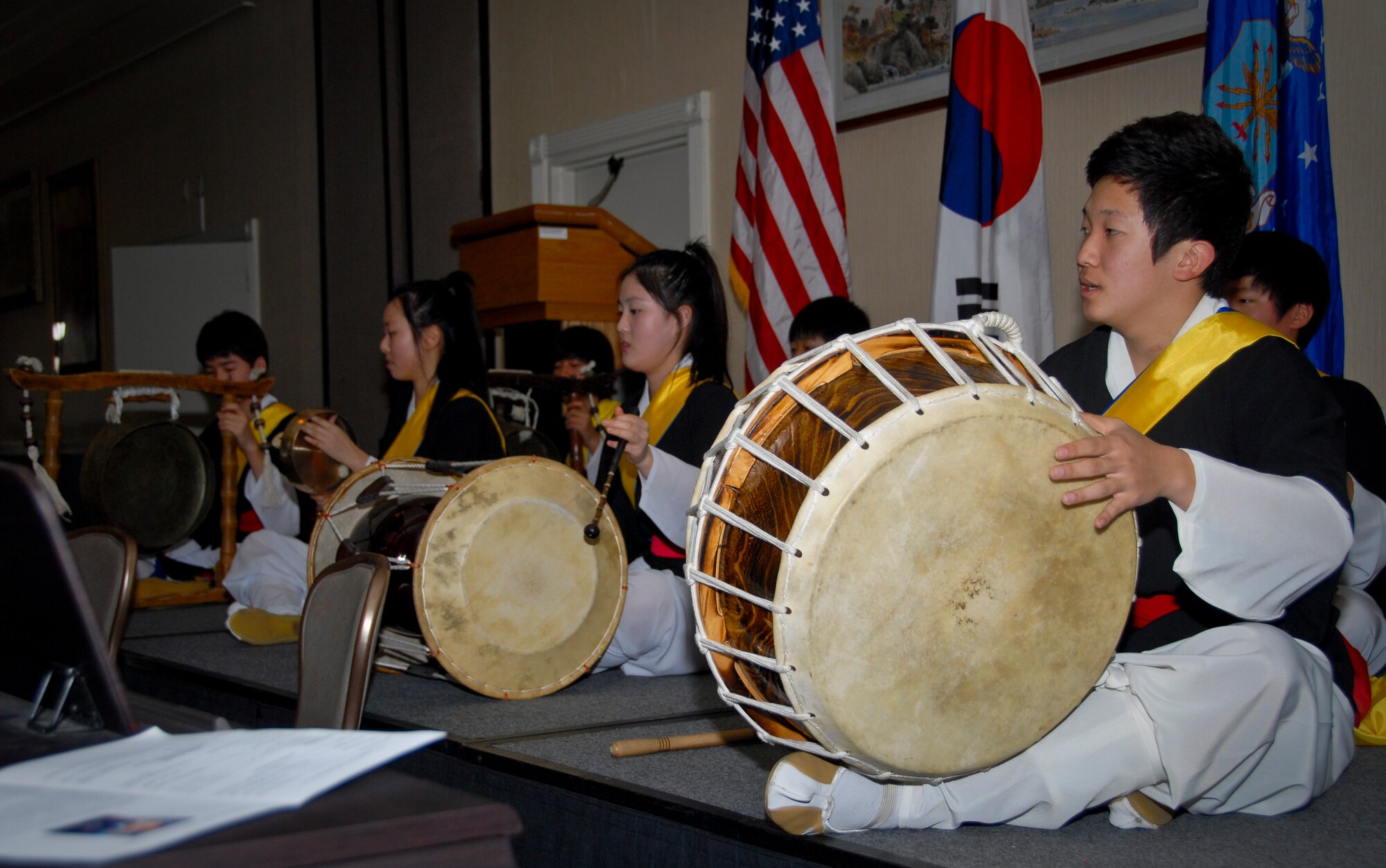 KUNSAN AIR BASE, Republic of Korea -- The Traditional Gunsan City Drummers perform for those in attendance at this year’s National Prayer Luncheon held at the Loring Club here Feb. 23 from 11:30 a.m. to 1 p.m. The luncheon gave individuals from all different faiths an opportunity to come together in prayer. (U.S. Air Force photo/Senior Airman Benjamin Stratton)