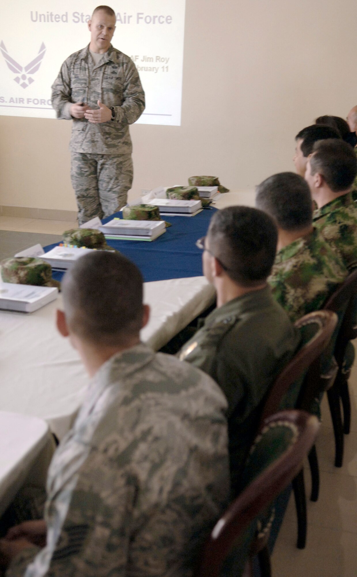 Chief Master Sgt. of the Air Force James A. Roy discusses the duties of NCOs with students of the International NCO Academy Feb. 2, 2011, in Bogota. The INCOA is a combined professional military education course. (U.S. Air Force photo/Tech. Sgt. Eric Petosky)