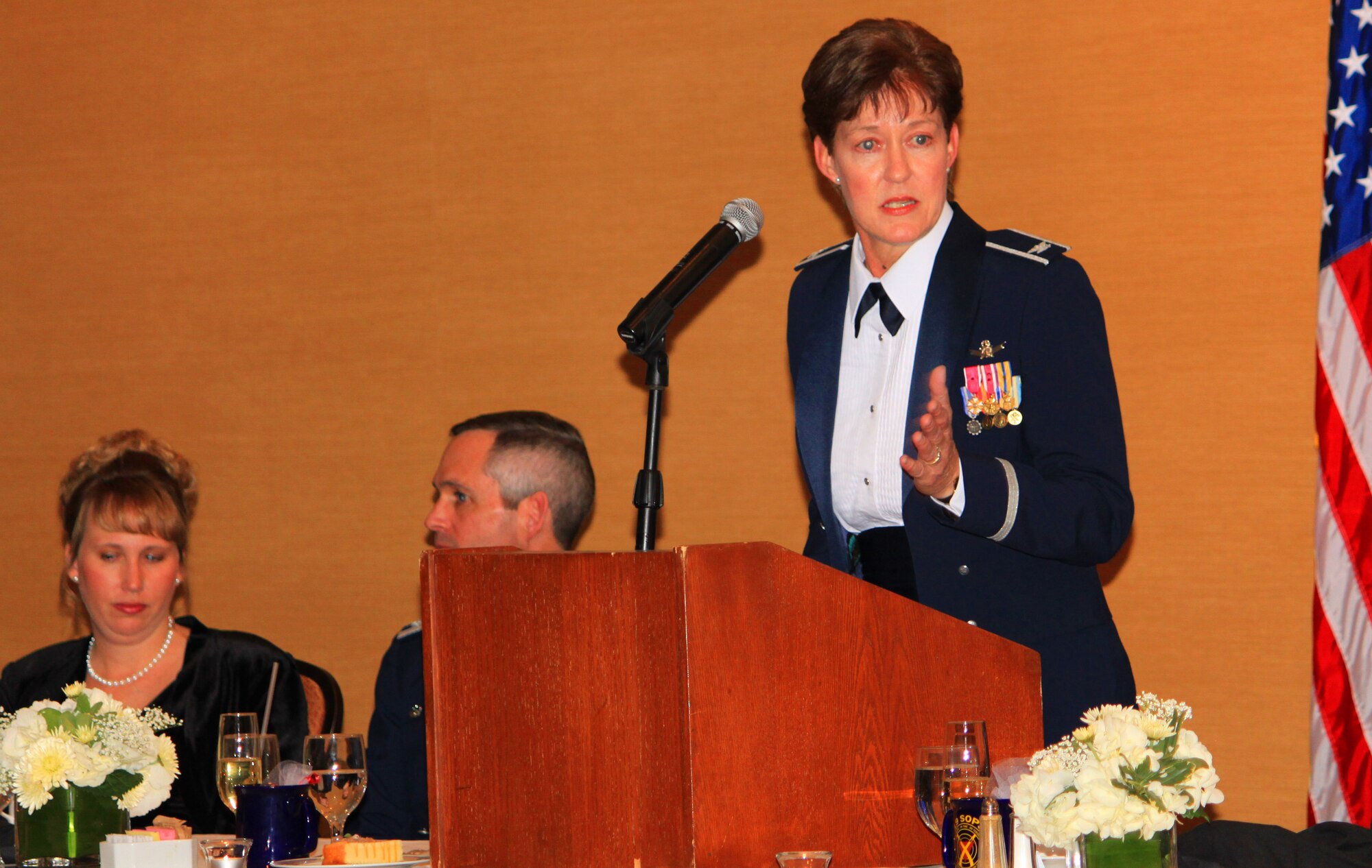 Col. Karen Rizzuti,10th Air Force vice commander, speaks to an audience of current and past members of the 19th Space Operations Squadron during their 10th anniversary celebration Feb. 4 at the Cheyenne Mountain Resort in Colorado Springs, Colo. Colonel Rizzuti was the first 19 SOPS commander, as well as the commander of the 310th Space Wing. (Photo courtesy of the U.S. Air Force Reserve)