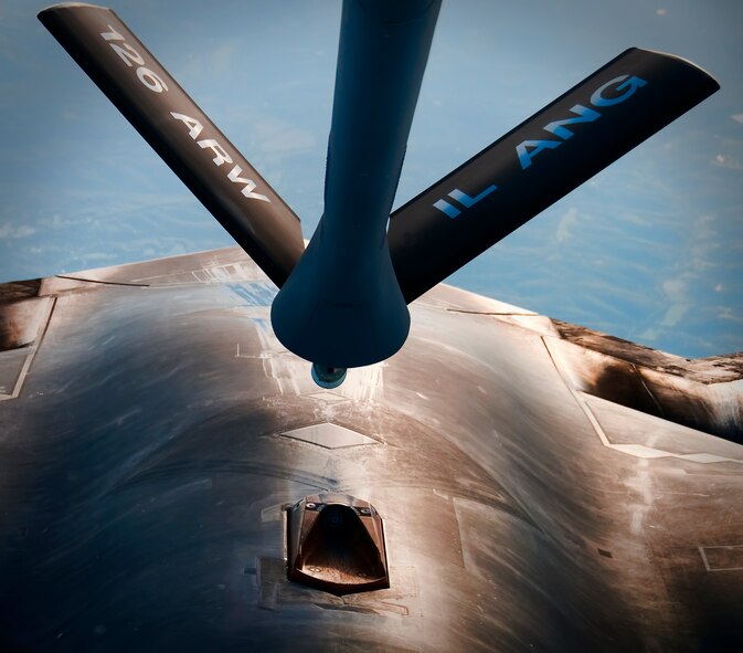 An Illinois Air National Guard KC-135 Stratotanker refuels a B-2 Stealth Bomber during a recent mission. The 126th Air Refueling Wing at Scott Air Force Base has three missions. The conventional mission involves refueling aircraft from the Navy, Marines, Air Force, Air Force Reserve and Air National Guard. These operations happen daily for Airmen at the 126th.