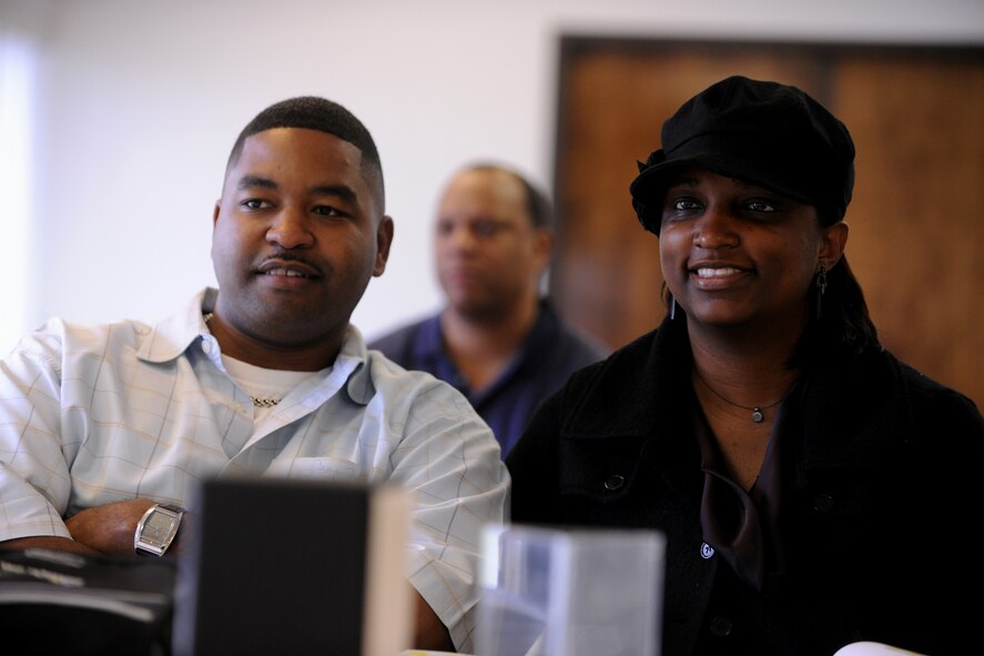LAKELAND, Ga.-- Senior Master Sgt. Cheryl Moye, 23rd Force Support Squadron manpower and personnel superintendant, sits with her husband Master Sgt. Darry Moye, 23rd Logistics Readiness Squadron assistant first sergeant, during couples resiliency training Feb. 25. Couples attending the class were treated to breakfast and lunch as they participated in the resiliency training. (U.S. Air Force photo/Airman 1st Class Benjamin Wiseman)(RELEASED)
