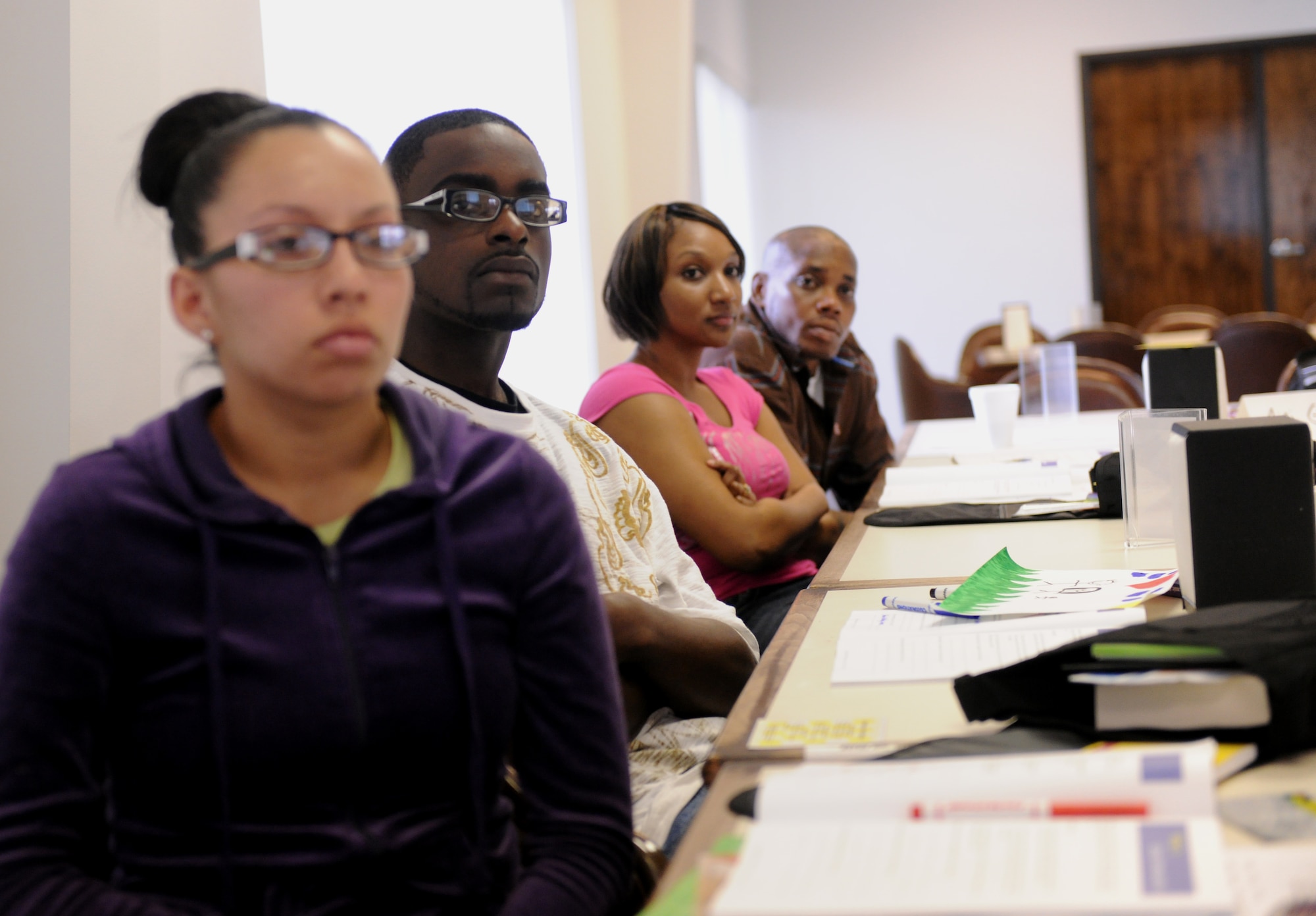LAKELAND, Ga.--Military members and their spouses attend a resiliency seminar to aid communication and teamwork in their marriages Feb. 25. The Airman and Family Readiness Center hosts several seminars throughout the year to assist military families work on their communications skills. (U.S. Air Force photo/Airman 1st Class Benjamin Wiseman)(RELEASED)
