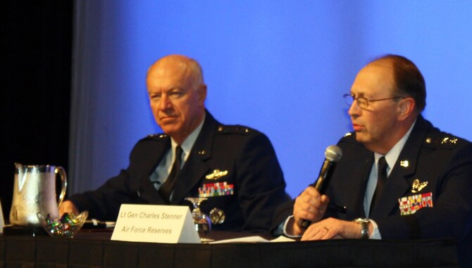 Lt. Gen. Charles E. Stenner, Jr., commander, Air Force Reserve Command, addresses Air Force Association symposium members Feb. 17, 2011, in Orlando, Fla. To his right is Lt. Gen. Harry M. Wyatt, director of the Air National Guard. (U.S. Air Force photo/Col. Robert Thompson)