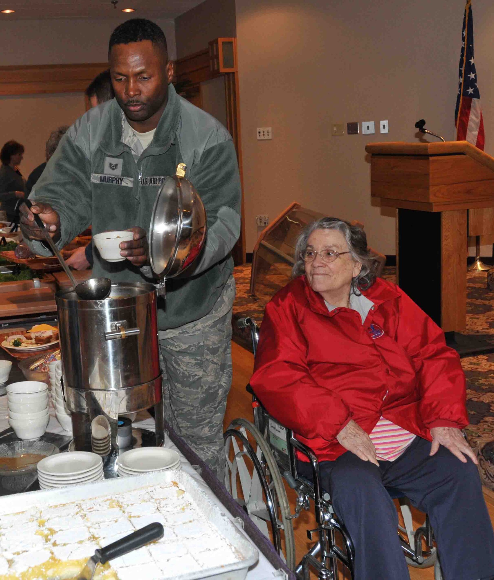 934th Airlift Wing members share lunch and memories during "Take a Vet to Lunch Day" at the 934th Airlift Wing Services Club Feb. 24. (Photo by Paul Zadach)