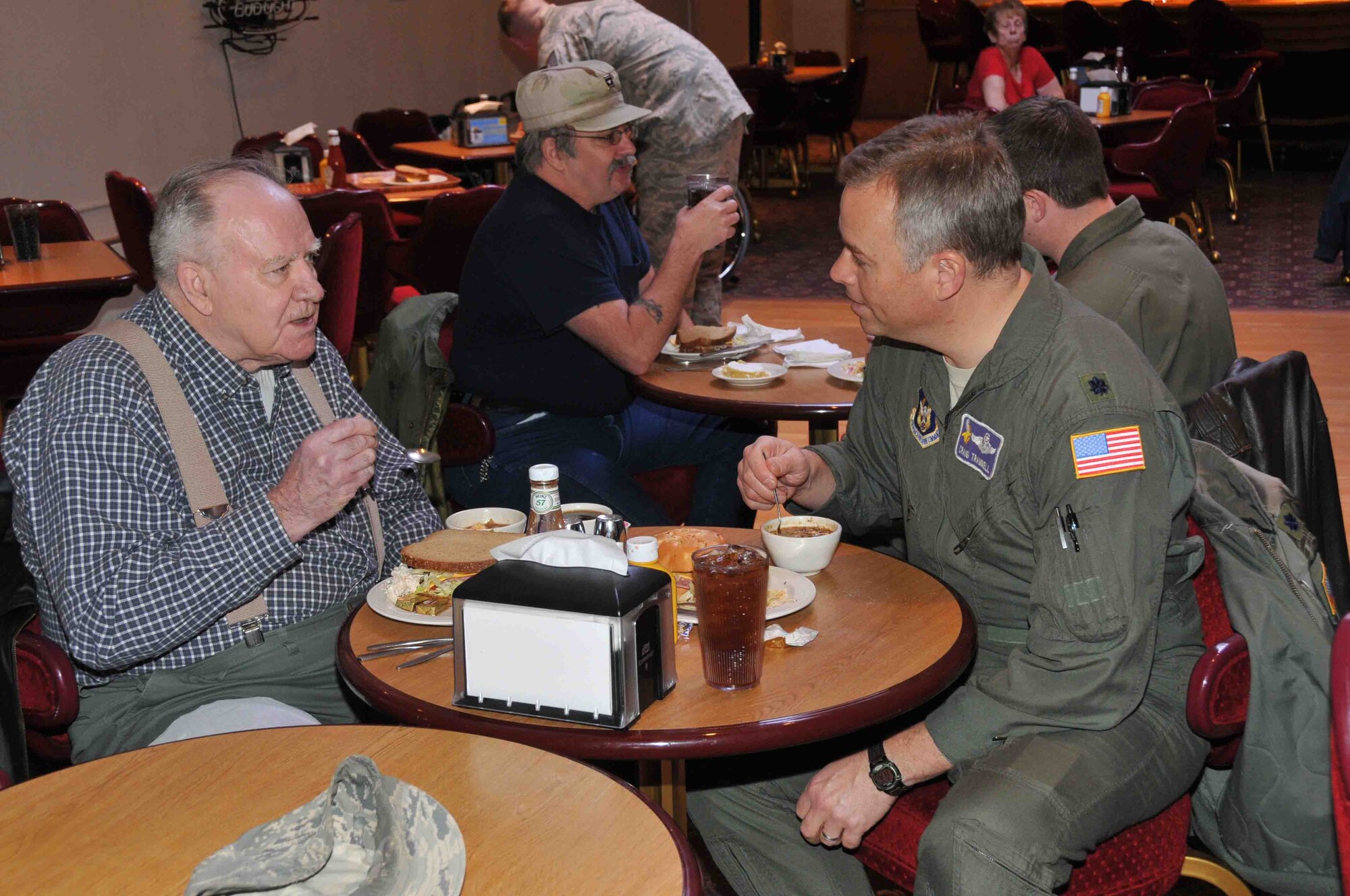 934th Airlift Wing members share lunch and memories during "Take a Vet to Lunch Day" at the 934th Airlift Wing Services Club Feb. 24. (Photo by Paul Zadach)