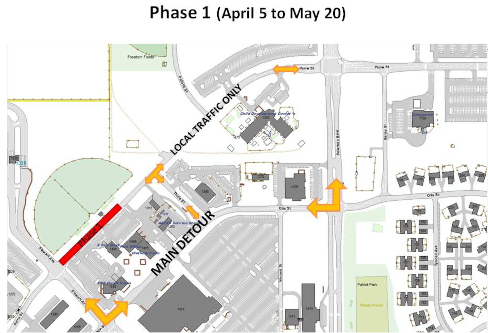 Beginning in April, Paine Street, which connects Peterson Boulevard and Stewart Avenue, will be under construction and will be turned from a two-lane road into a four-lane divided boulevard, similar to Peterson Boulevard and Stewart Avenue. Phase 1 construction begins April 5. (Air Force graphic)
