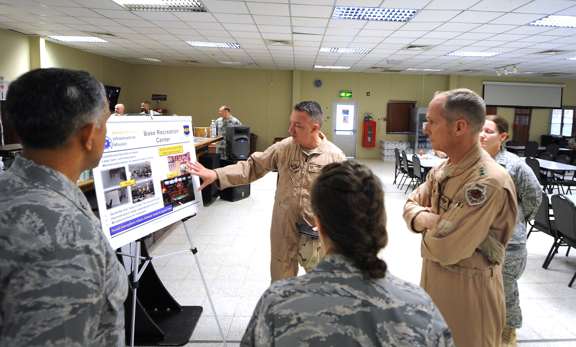Col. Patrick Mordente, 386th Air Expeditionary Wing commander, explains what the future of the Flex center looks like to Lt. Gen. Mike Hostage, U.S. Air Forces Central Command commander, during a base tour Feb. 25. General Hostage toured the base to talk with 386th Air Expeditionary Wing Airmen and to view base improvements and capabilities. (U.S. Air Force photo by Senior Airman Cynthia Spalding)