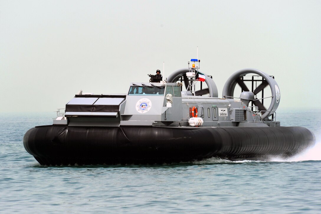 The Kuwaiti landing craft air cushion Sarravah approaches the beach during a military demonstration held at the Marina Mall in Kuwait City, Feb. 28, 2011.