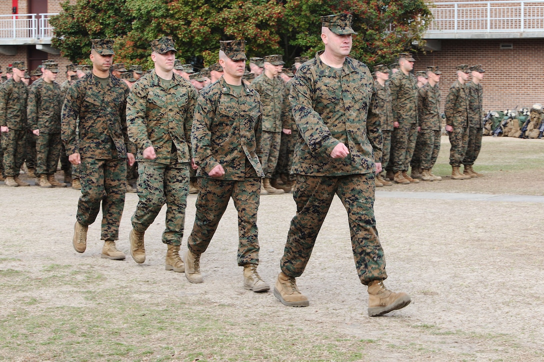 (From right to left) Sergeant Major William E. Heyob, Capt. Brandon J. Gorman, Cpl. John D. Carney and Sgt. Joseph M. Perez, all with Battalion Landing Team, 2nd Battalion, 2nd Marine Regiment, 22nd Marine Expeditionary Unit, prepare to receive personal awards from Lt. Gen. John M. Paxton, commanding general, II Marine Expeditionary Force, Feb. 28, 2011.  The Marines received the awards for their heroic actions while deployed to Afghanistan in 2009 and 2010.  The Marines and sailors of the 22nd MEU are in their pre-deployment training program, which is a series of progressively complex exercises designed to train and test the MEU's ability to operate as a cohesive and effective Marine Air Ground Task Force.