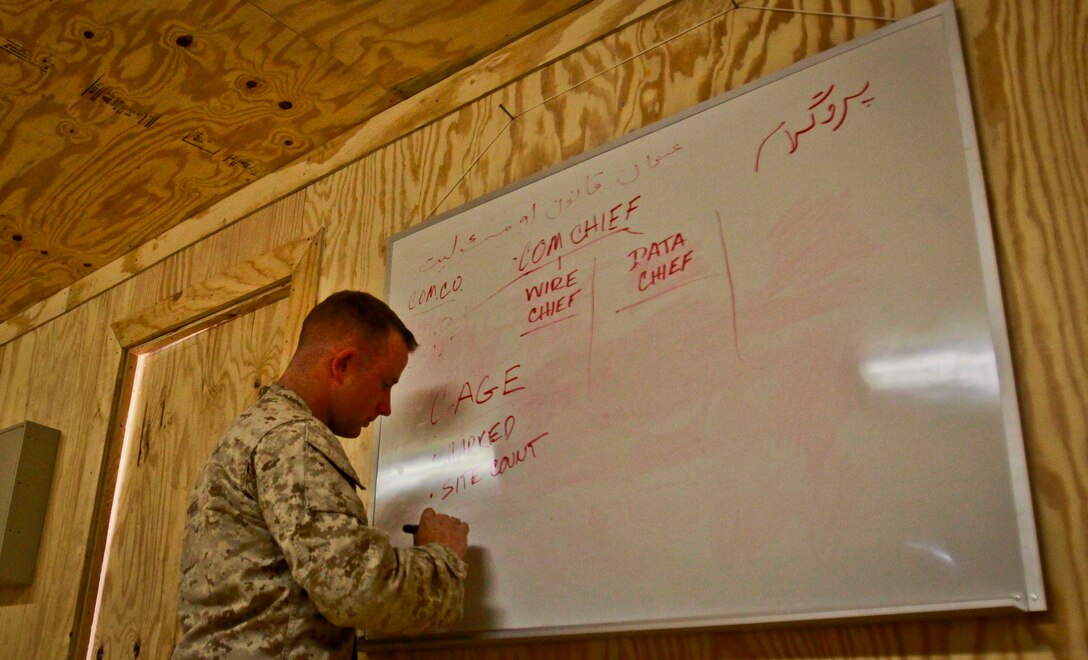 Lance Cpl. Sean M. Kirby, 20, communication mentor, Embedded Partnering Team, Combat Logistics Battalion 3, 1st Marine Logistics Group (Forward), teaches a class to Afghan National Army soldiers aboard Camp Garm-sher, Afghanistan, Jan. 1. Marines and sailors with CLB-3's EPT are currently mentoring ANA logistics Marines to operate independent from coalition forces.