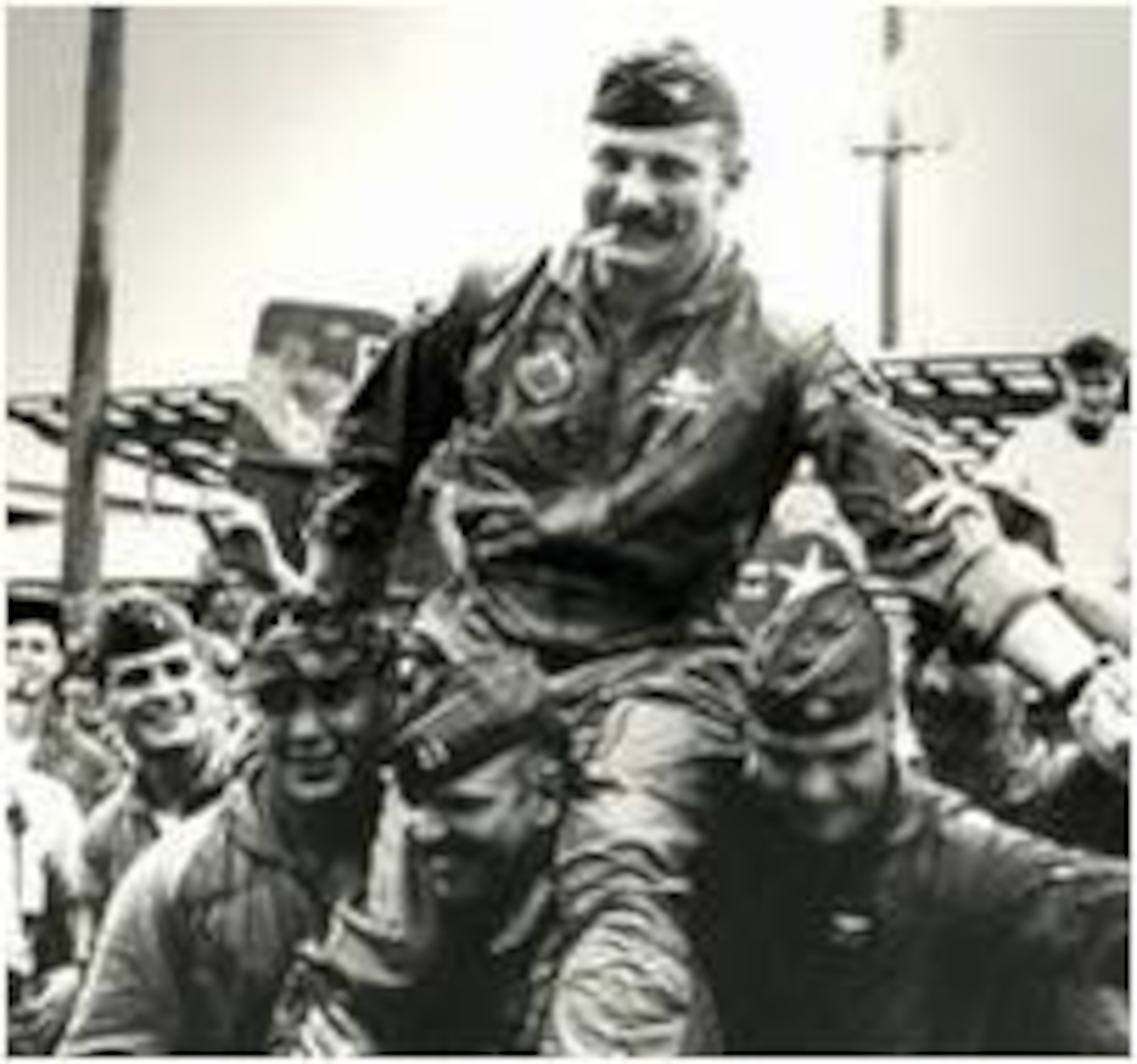 Col. Robin Olds, 8th Tactical Fighter Wing commander, is carried off the airfield after successfully completing Operation Bolo Airmen Jan. 2, 1967.  It was during Operation Bolo, when Colonel Olds dubbed the wing the Wolf Pack because of its aggressive tactics and high degree of teamwork. (U.S. Air Force photo)
