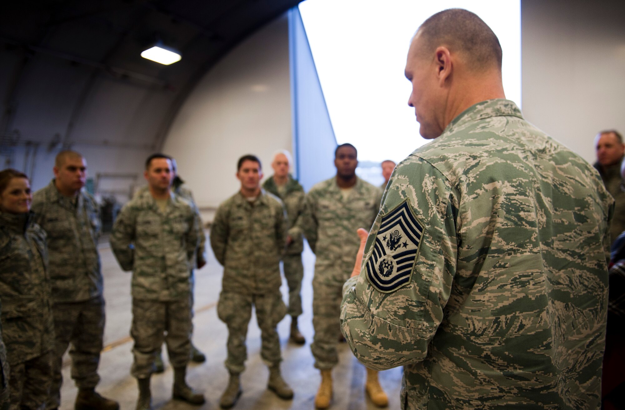 Chief Master Sgt. of the Air Force James Roy talks to the Airmen of the 35th Aircraft Maintenance Squadron at Misawa Air Base, Japan; Dec. 28, 2010. Chief Roy answered questions about challenges they face in today's Air Force. (U.S. Air Force photo by Staff Sgt. Samuel Morse/Released)