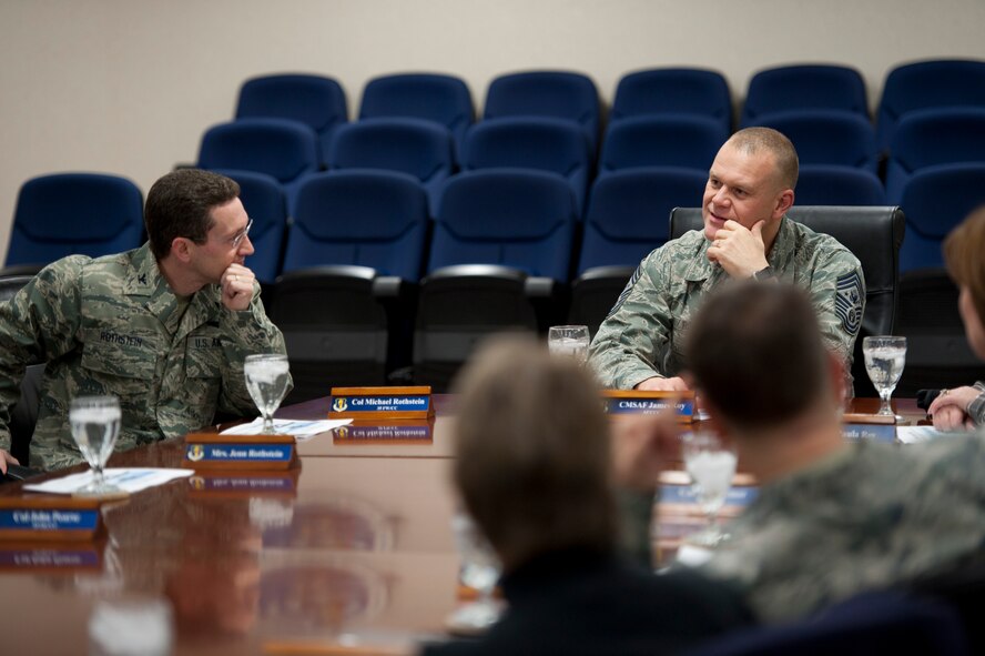 U.S. Air Force Col. Michael Rothstein, 35th Fighter Wing commander, gives a mission briefing to Chief Master Sgt. of the Air Force James Roy Dec. 28, 2010, at Misawa Air Base, Japan. Colonel Rothstein described the wing's mission and how the relationship with tenant units and the surrounding community contributes to the success and morale of Airmen at Misawa Air Base. (U.S. Air Force photo by Staff Sgt. Samuel Morse/Released)