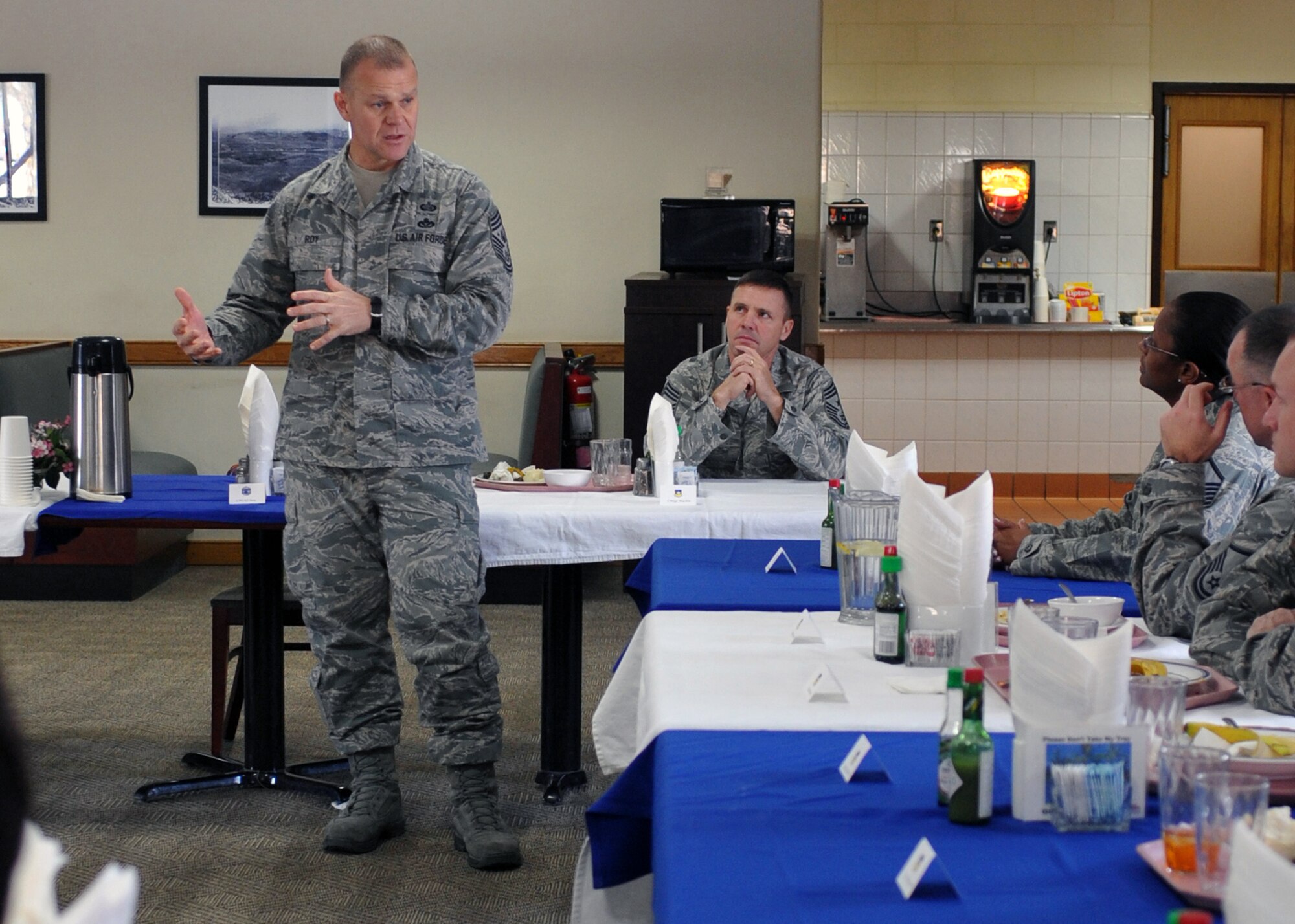 Chief Master Sgt. of the Air Force James Roy addresses 51st Fighter Wing Airmen, Dec. 31, 2010, at Osan Air Base, South Korea. Chief Roy discussed issues regarding enlisted perspective and key issues across the Air Force. (U.S. Air Force photo/Senior Airman Evelyn Chavez)