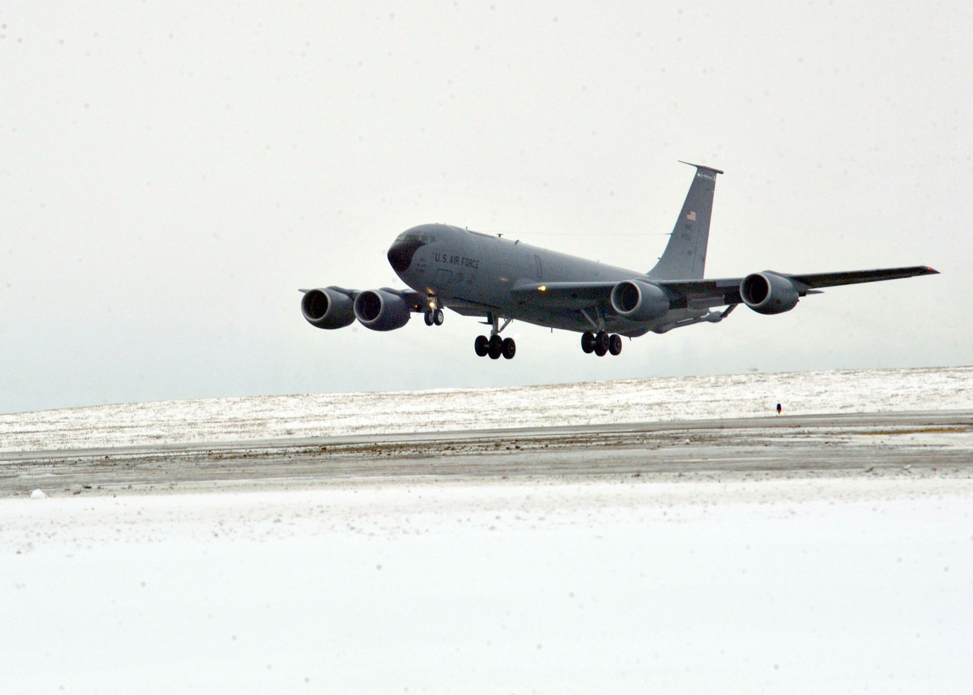 A KC-135 Stratotanker takes off during snowy weather Dec. 22, 2010 at Fairchild.  The Stratotanker is the primary aircraft at Fairchild, which relies heavy on the weather predictions of the 92nd Operations Support Squadron weather shop for accurate up-to-date weather.  (U.S. Air Force Photo/Tech. Sgt. JT May III)