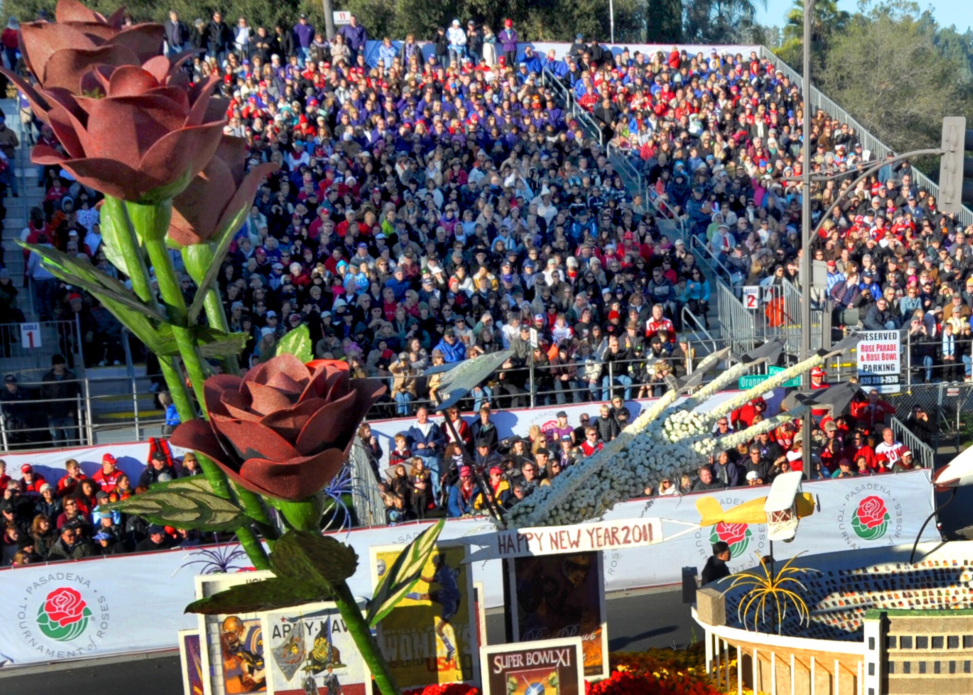 A float features Air Force B-2, F-117, and F-22 participates in the 122nd annual Tournament of Roses parade Jan. 1, 2011. (Photo by Joe Juarez)