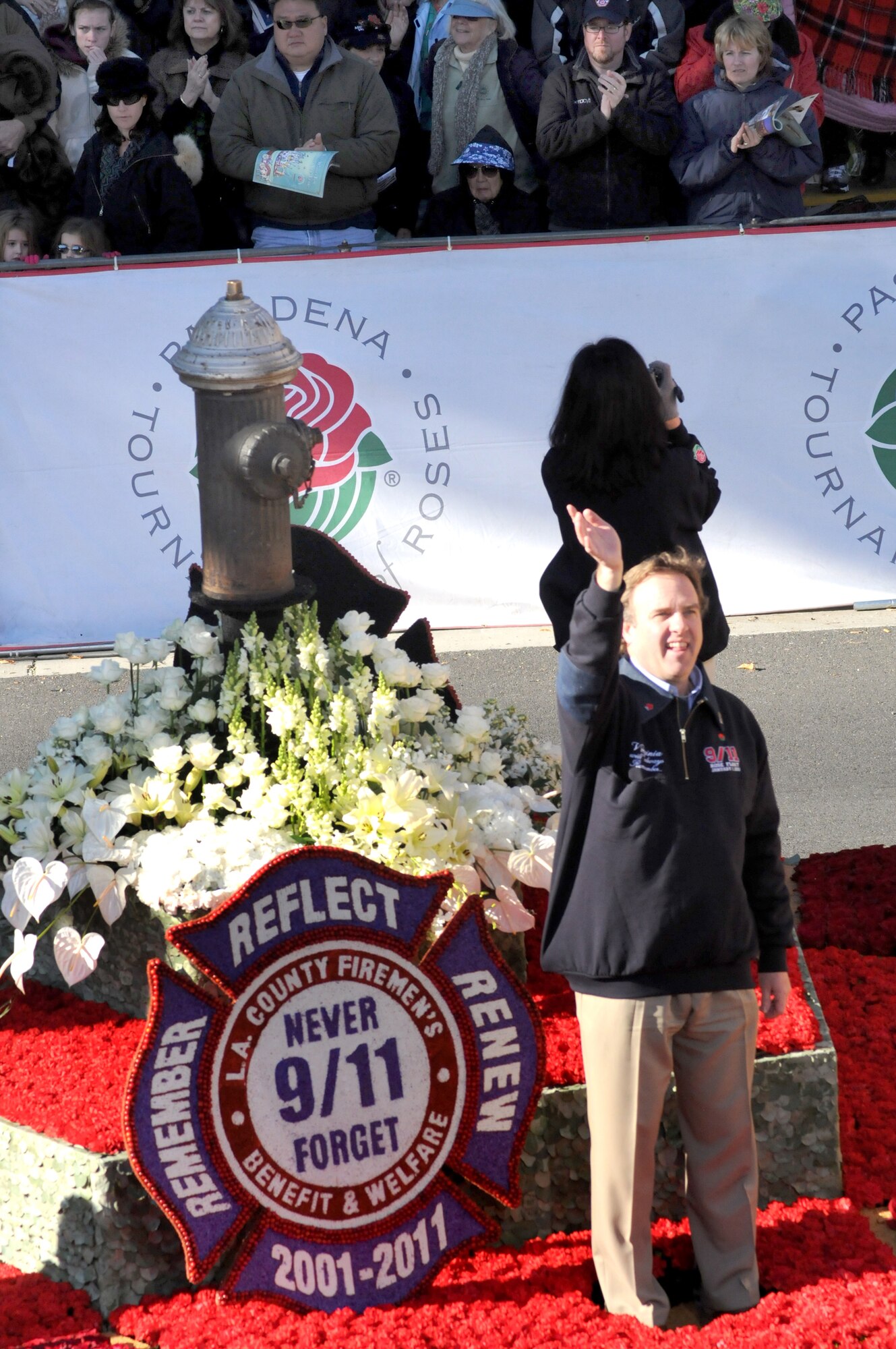A float features a fire hydrant recovered from the Sept. 11, 2001, terrorist attack rubble during the Tournament of Roses parade Jan. 1, 2011. (Photo by Joe Juarez)