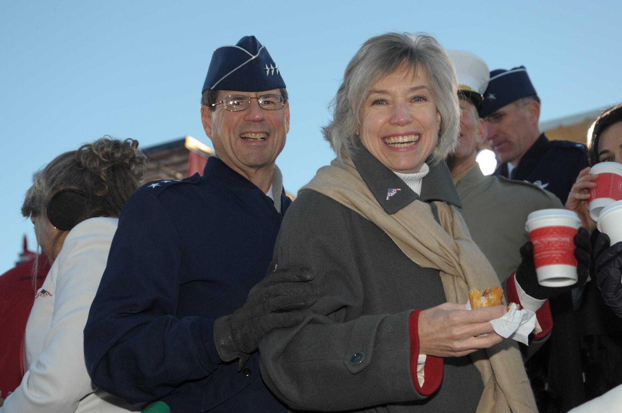 Lt. Gen. Tom Sheridan, Commander of the Space and Missile Systems Center, Los Angeles Air Force Base, and Mrs. Donna Sheridan pose for a photo prior to the Tournament of Roses parade Jan. 1, 2011. (Photo by Joe Juarez)