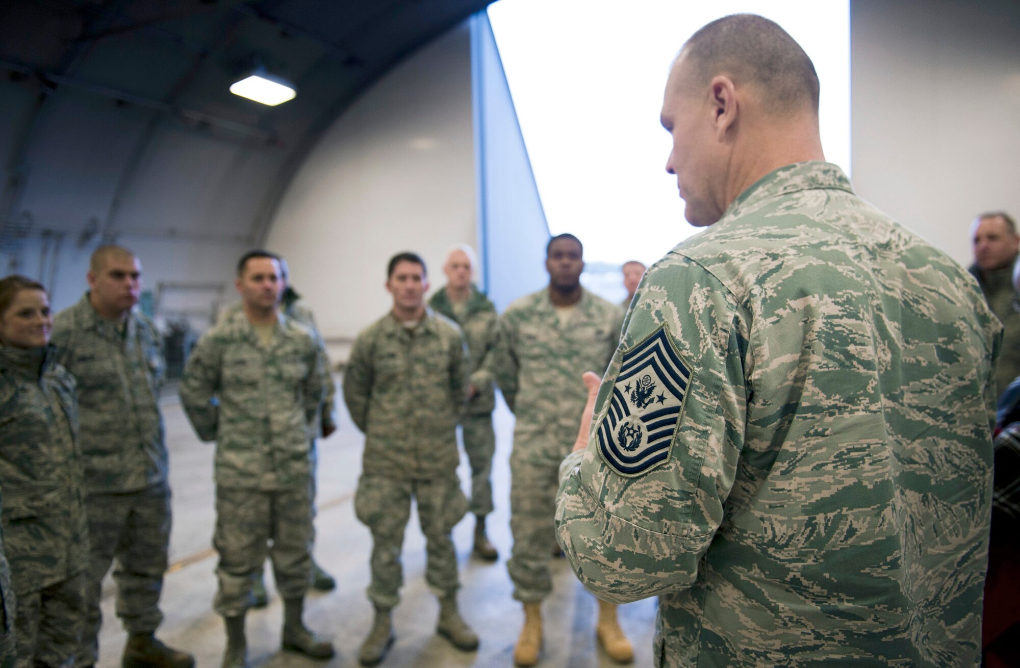 Chief Master Sgt. of the Air Force James A. Roy talks to the Airmen of the 35th Aircraft Maintenance Squadron Dec. 28, 2010, at Misawa Air Base, Japan. Chief Roy answered questions about challenges faced by Airmen in today's Air Force. (U.S. Air Force photo/Staff Sgt. Samuel Morse)