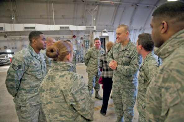 Chief Master Sergeant of the Air Force James A. Roy talks with maintainers from the 14th Aircraft Maintenance Unit Dec. 28, 2010, at Misawa Air Base, Japan. Chief Roy visited a hardened aircraft shelter with Col. Michael Rothstein, the 35th Fighter Wing commander, to get an up-close look at the mission of the 35th Fighter Wing. (U.S. Air Force photo/Staff Sgt. Samuel Morse)