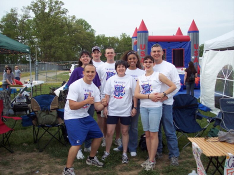 Dee Wolfe’s AEDC team “Chair Force” at last year’s Relay for Life on April 23, 2010. First row: Lt. Jack Ambridge, Donna Paredez, Amber Wolfe. Second row: Dee Wolfe (in purple), Jimmy Malone, Lt. Drew Miller, Tech Sgt. Naomi Bullock, Shawn Wolfe. AEDC fielded three teams last year. (Photo Provided)