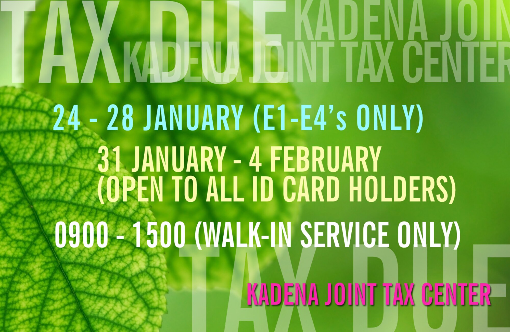 The Joint Services Tax Center on Kadena provides free federal and state tax services beginning with E-1's through E-4's, Jan. 24, and all other ID cardholders Jan. 31.(Air Force illustration by Naoko Shimoji)
