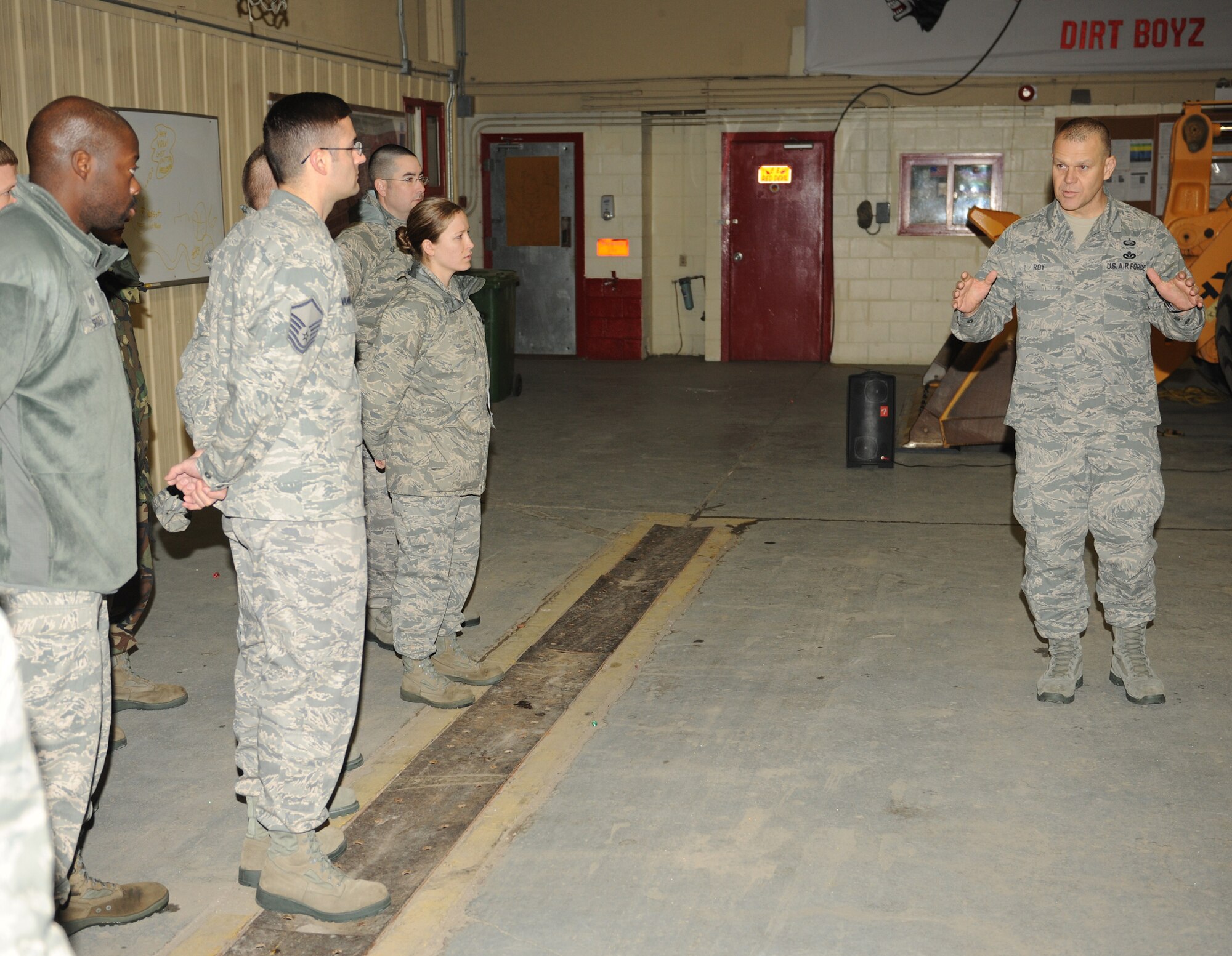 Chief Master Sgt. of the Air Force James A. Roy speaks to Airmen from the 8th Civil Engineer Squadron Dec. 30, 2010, during his visit to Kunsan Air Base, South Korea. Chief Roy and his wife, Paula, visited the Kunsan AB Dec. 29 and 30, during their year-end tour of Pacific Air Forces bases. (U.S. Air Force photo/Senior Airman Ciara Wymbs)