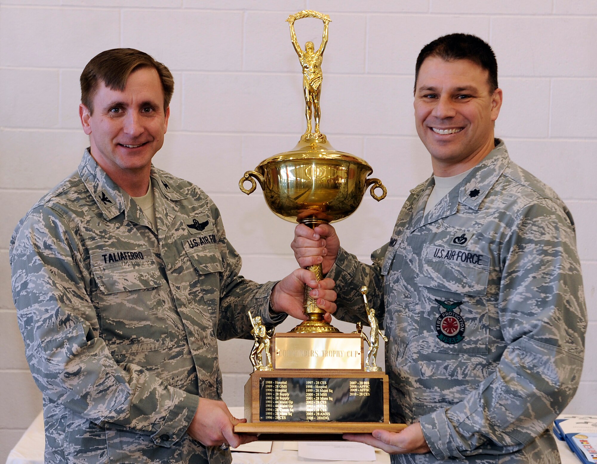 Col. Jeffrey Taliaferro, 28th Bomb Wing commander, presents the 2010 Commander’s Trophy Cup to Lt. Col. Matthew Joganich, 28th Civil Engineer Squadron commander, at the base fire department Jan. 3. 28th CES won the cup because they accumulated the most intramural sport participation points out of any organization on base in 2010. (U.S. Air Force photo/Staff Sgt. Marc I. Lane)