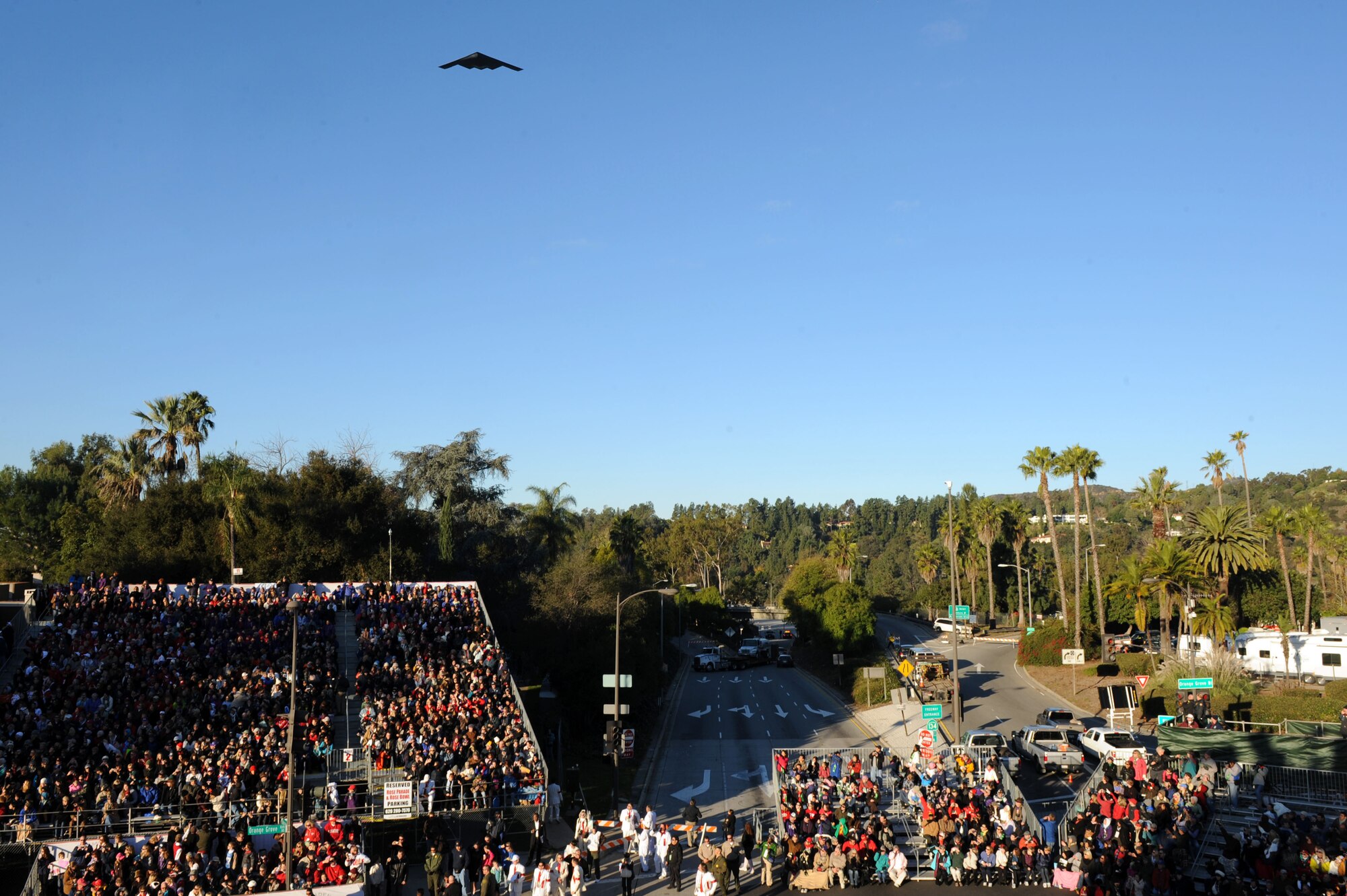 WHITEMAN AIR FORCE BASE, Mo. -- The B-2 Spirit conducts a flyover to open the 122nd annual Tournament of Rose Parade held New Year's Day, in Pasadena, Calif. Brig. Gen. Scott Vander Hamm, 509th Bomb Wing commander, was on hand to represent Team Whiteman and Air Force Global Strike Command.  
(U.S. Air Force photo by Staff Sgt. Jason Huddleston) (Released)
