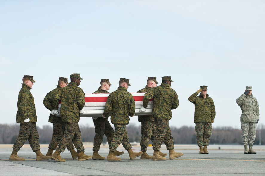 A U.S. Marine Corps carry team transfers the remains of Marine Cpl. Jacob A. Tate, of Columbus, Ohio, at Dover Air Force Base, Del., Jan. 4, 2011. Tate was assigned to the 2nd Battalion, 9th Marine Regiment, 2nd Marine Division, II Marine Expeditionary Force, Camp Lejeune, N.C.  (U.S. Air Force photo/Roland Balik)