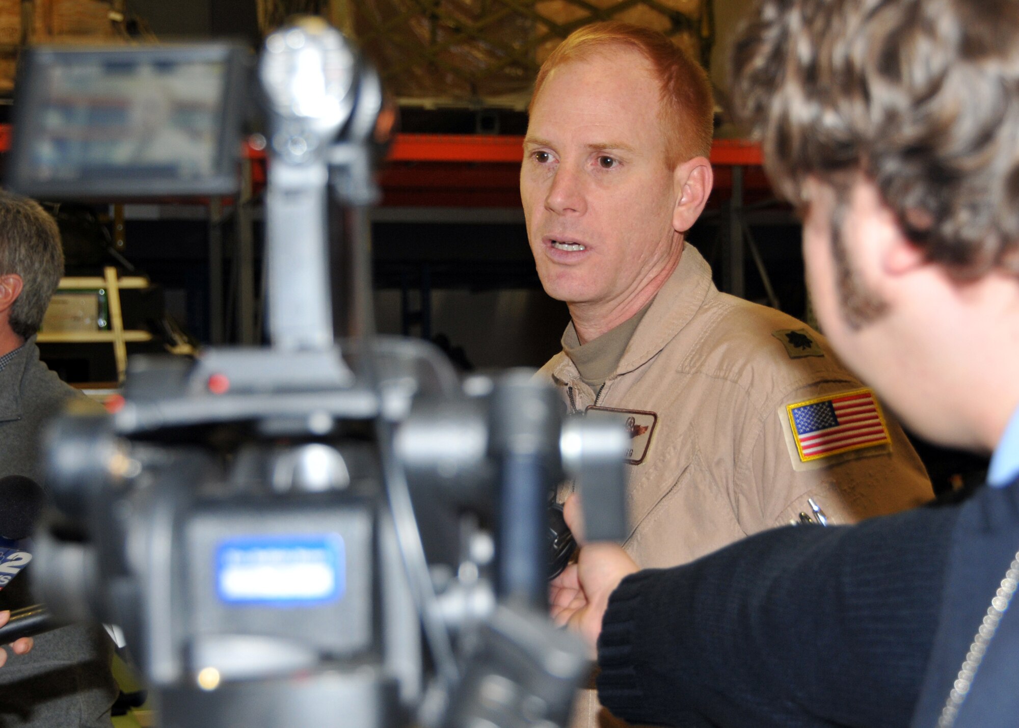 Lt. Col. James Kellogg 328th Airlift Squadron commander answers questions from the local media regarding her deployment, January 4, 2011 Niagara Falls Air Reserve Station, Niagara Falls, NY. Capt. Pisano is one of more than 140 Wing members being deployed in support of contingency operations in Southwest Asia. (U.S. Air Force photo by Staff Sgt. Joseph McKee)