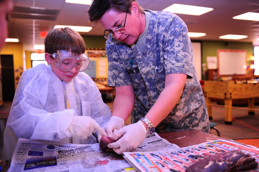 DYESS AIR FORCE BASE, Texas—Dr. Denise Ruark, Dyess veterinarian, explains the different parts of a deer Jan. 3 at the youth center here as children participate in the dissection. The youth center is open to children five to 18, and offers different programs and activities for each age group. For more information, call (325) 696–4797. (U.S. Air Force photo/ Airman First Class Courtney Moses)