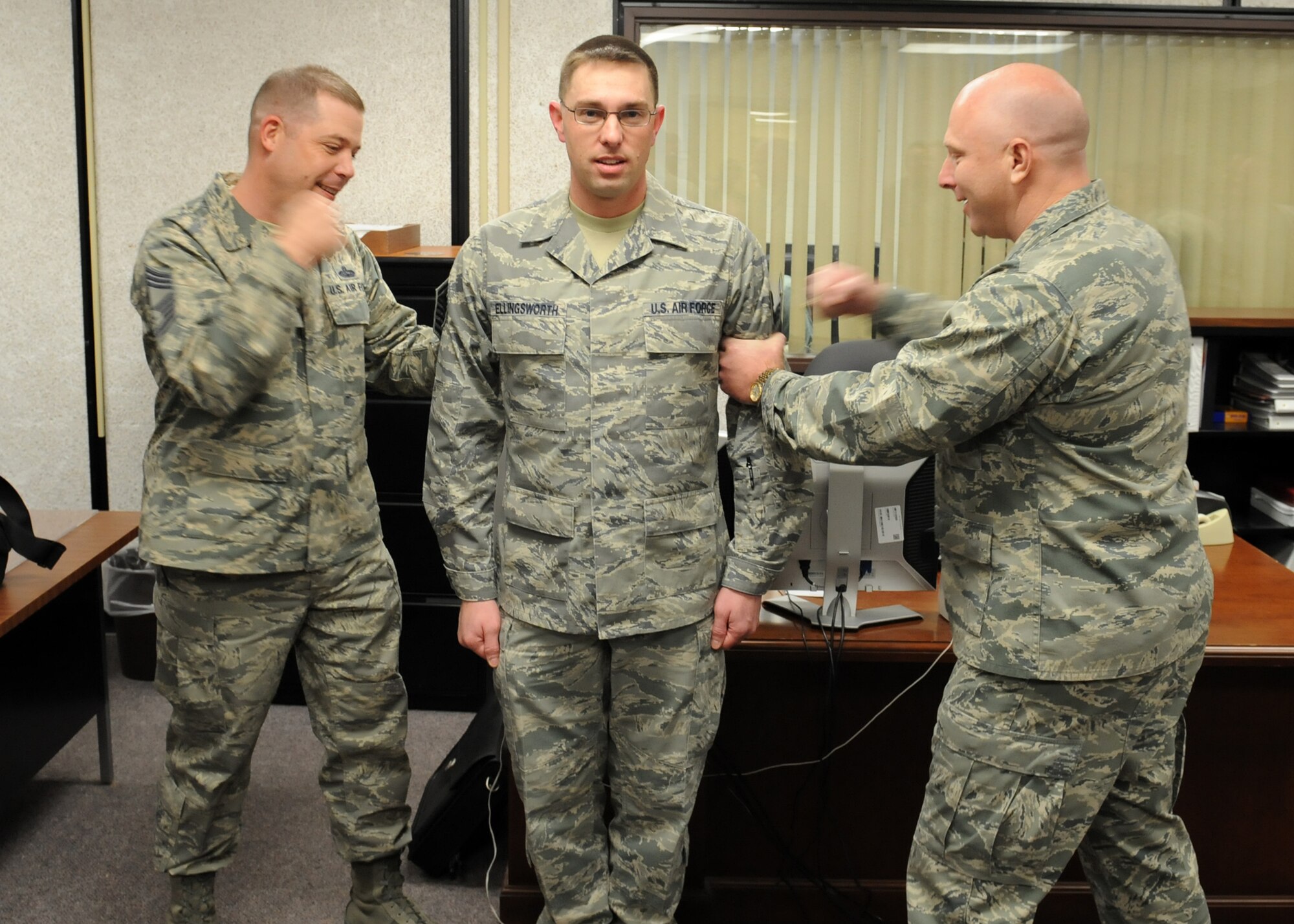 MINOT AIR FORCE BASE, N.D. --  Technical Sgt. Jason Ellingsworth, 5th Communications Squadron network control center non-commissioned officer in charge, was promoted to Master Sgt. during a Stripes for Exceptional Performers (STEP) ceremony here, Dec. 23.  STEP promotions reward outstanding and deserving Airman who work hard and perform superbly. (U.S. Air Force photo/Staff Sgt. Keith Ballard)