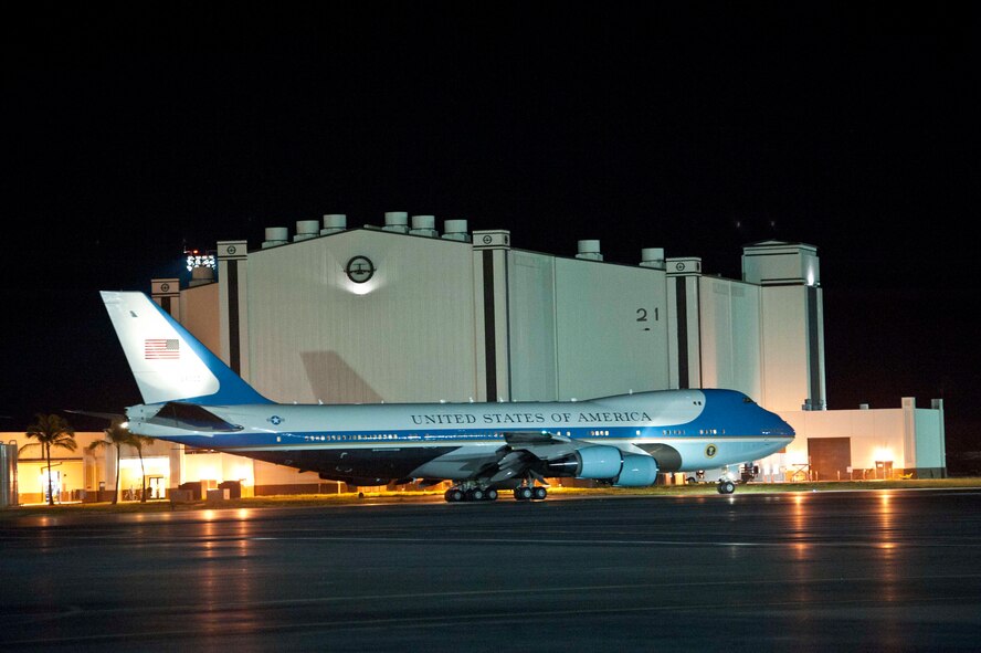 Air Force One prepares to depart the 15th Wing at Joint Base Pearl-Harbor Hickam, Hawaii, Jan. 3. The President arrived on Dec. 22, and Air Force One remained parked at the 15th Wing while the President vacationed in Hawaii with his family. (U.S. Air Force photo/Staff Sgt. Nathan Allen)