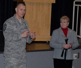 KUNSAN AIR BASE, Republic of Korea -- Chief Master Sgt. of the Air Force James Roy and his wife, Paula, answer questions during an enlisted call here Dec. 30. Chief and Mrs. Roy visited the Wolf Pack Dec. 29 and 30 during their year-end tour of Pacific Air Forces bases. (U.S. Air Force photo/Staff Sgt. Amanda Savannah)