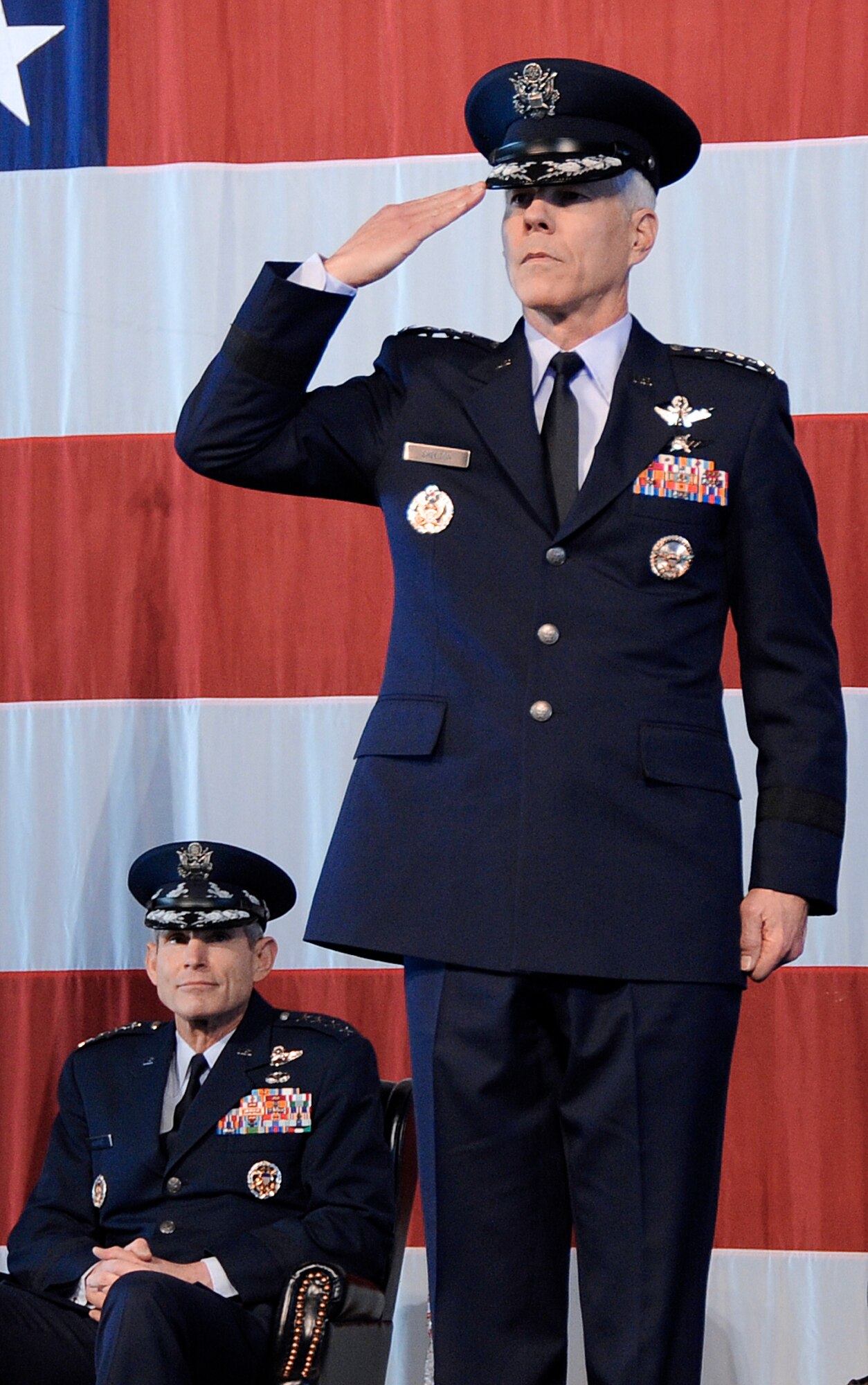 Gen. William L. Shelton receives his first salute from the men and women of Air Force Space Command upon becoming the 15th commander of AFSPC in a ceremony Jan. 5, 2011, at Peterson Air Force Base, Colo. (U.S. Air Force photo/Duncan Wood)