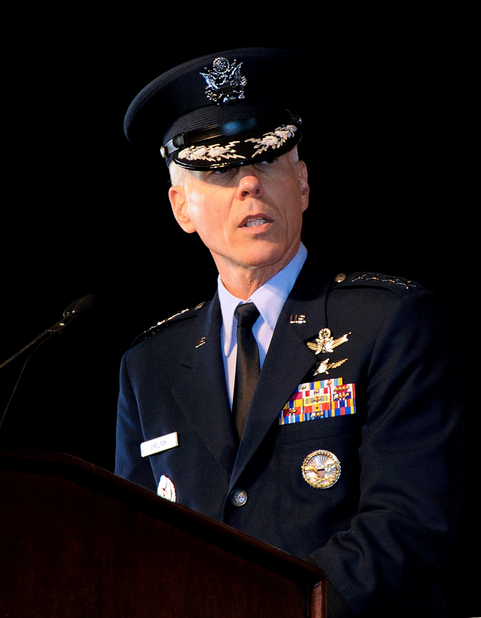 Gen. William L. Shelton, the commander of Air Force Space Command, addresses those present during the AFSPC change of command Jan. 5, 2011, at Peterson Air Force Base, Colo. (U.S. Air Force photo/Duncan Wood)