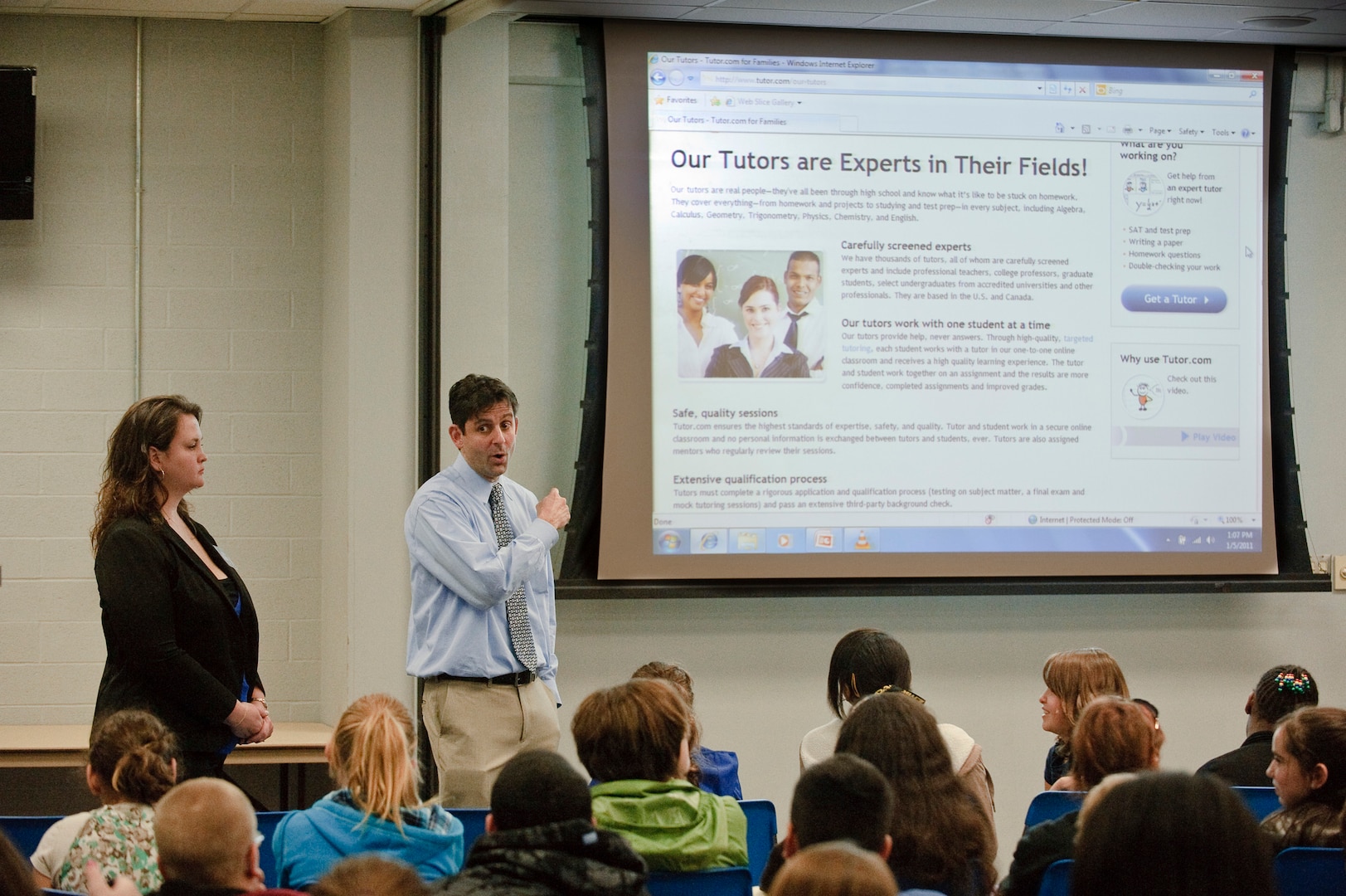 Middle school students from Randolph Independent School District learn about the free tutoring available to them through tutor.com during a presentation by the companies representatives, Ms. Kara Froman and Mr. Bart Epstein. The Department of Defense funded program is available to active duty dependents world-wide through the students school, saving parents the standard $40 to $70 an hour fee for tutoring.(U.S. Air Force photo/Steve Thurow)