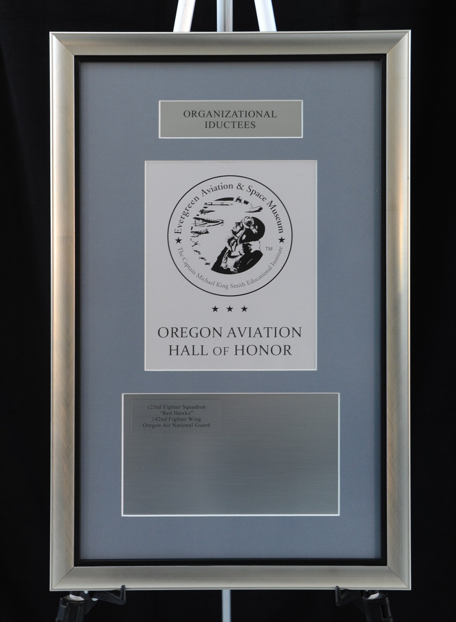 The induction plaque for the 123rd Observation Squadron into the Evergreen Aviation Hall of Honor.
